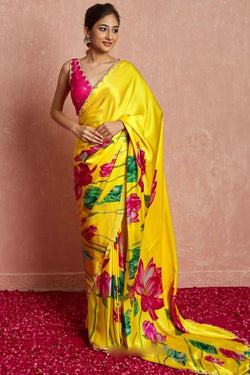 Intricate 1-Minute Ready To Wear Yellow Satin Silk Saree
