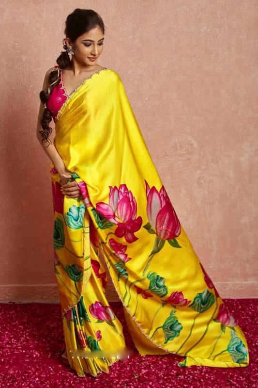 Intricate 1-Minute Ready To Wear Yellow Satin Silk Saree