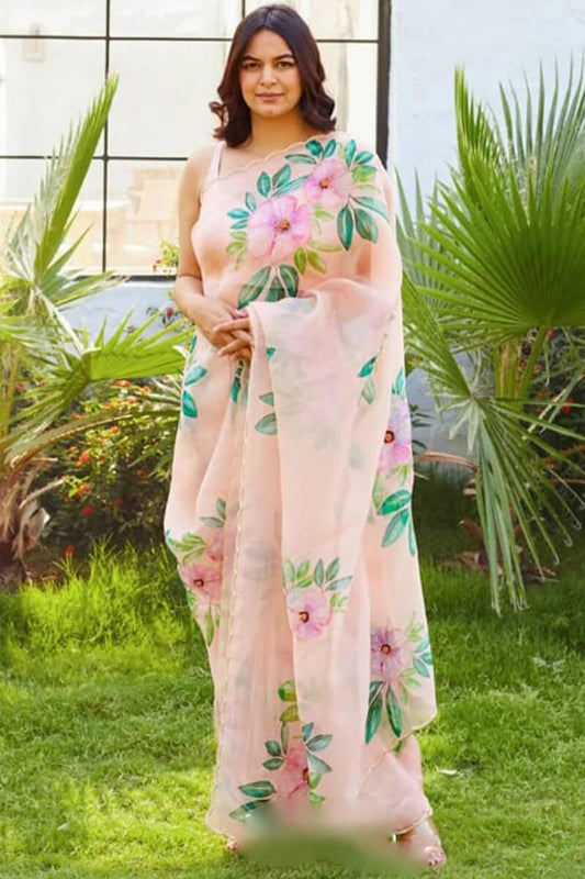 Outstanding 1-Minute Ready To Wear Peach Organza Silk Saree