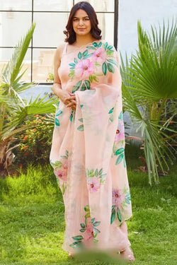 Outstanding 1-Minute Ready To Wear Peach Organza Silk Saree