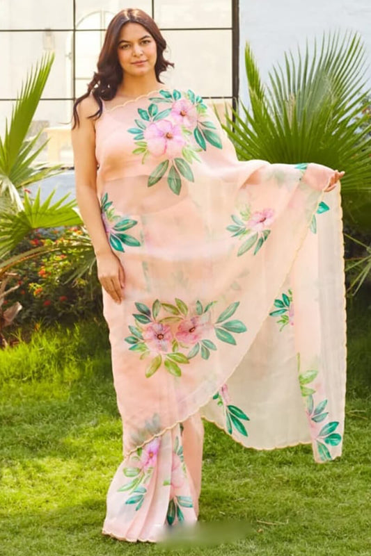 Outstanding 1-Minute Ready To Wear Peach Organza Silk Saree