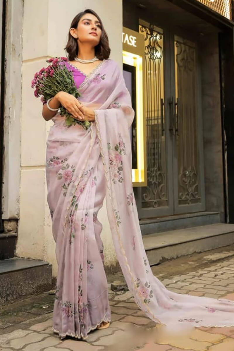 Exceptional 1-Minute Ready To Wear Lavender Organza Silk Saree