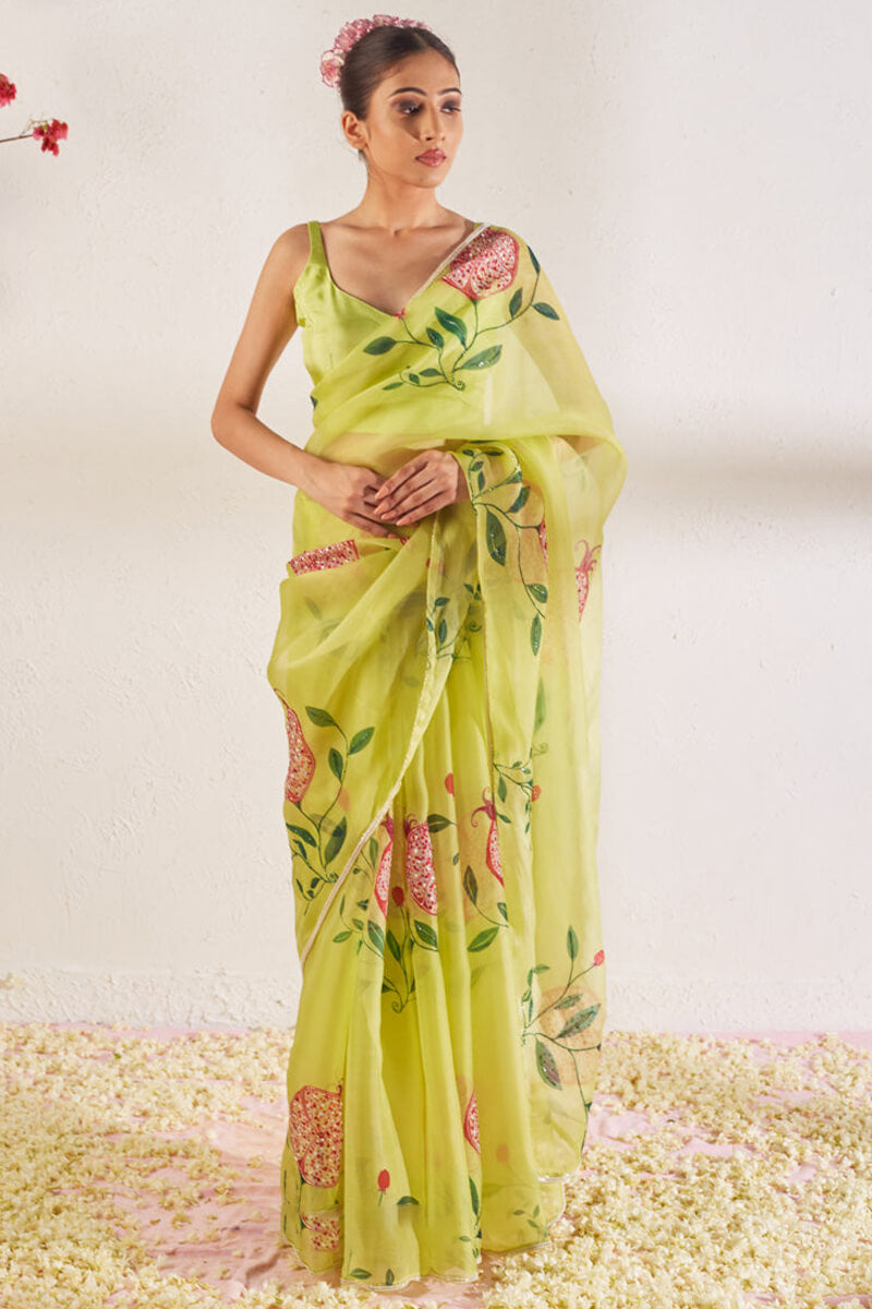 Excellent 1-Minute Ready To Wear Pista Organza Silk Saree