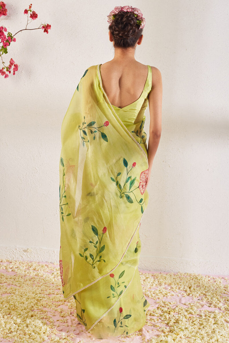 Excellent 1-Minute Ready To Wear Pista Organza Silk Saree