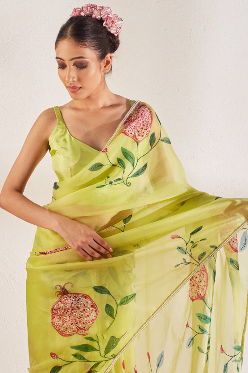 Excellent 1-Minute Ready To Wear Pista Organza Silk Saree