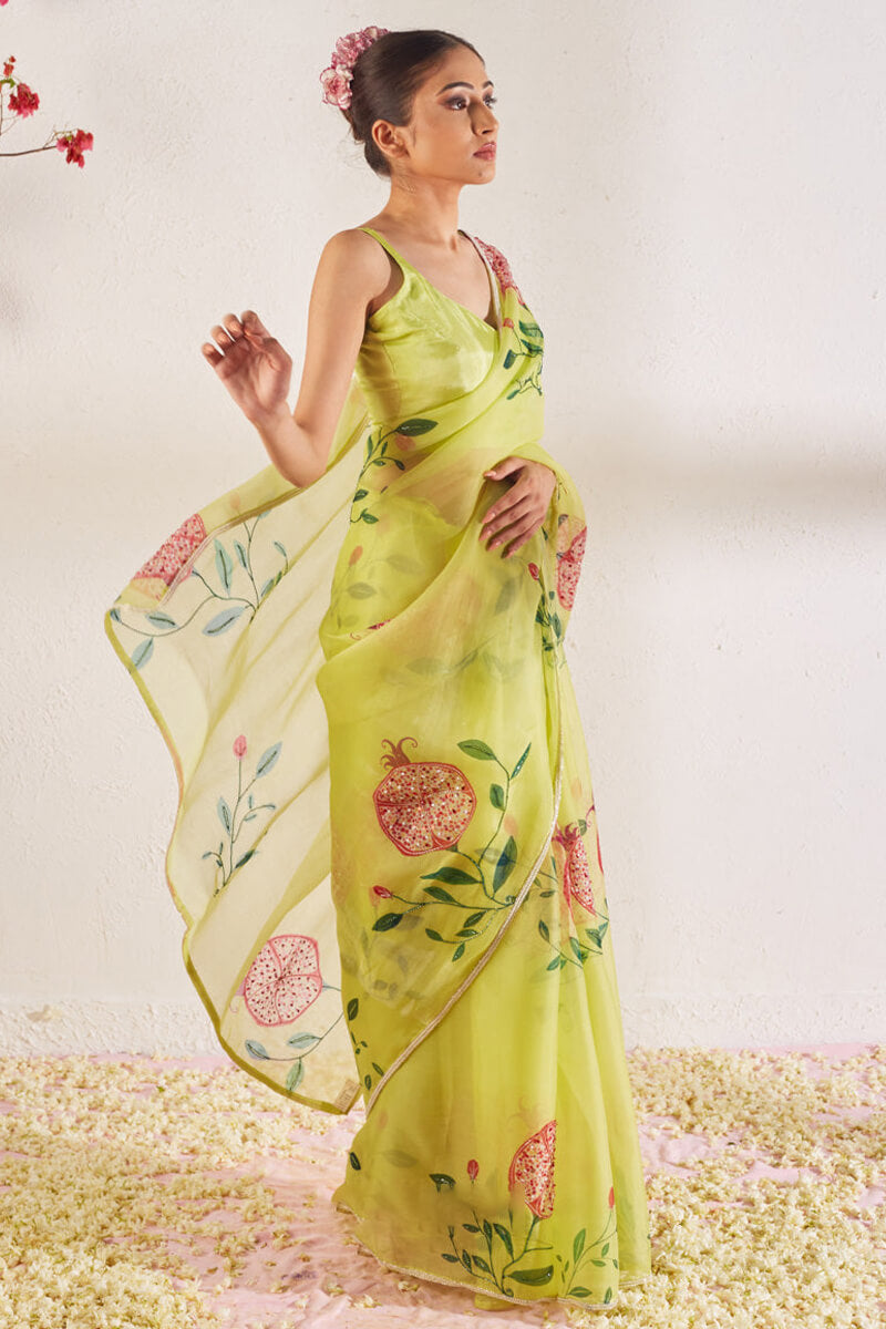 Excellent 1-Minute Ready To Wear Pista Organza Silk Saree