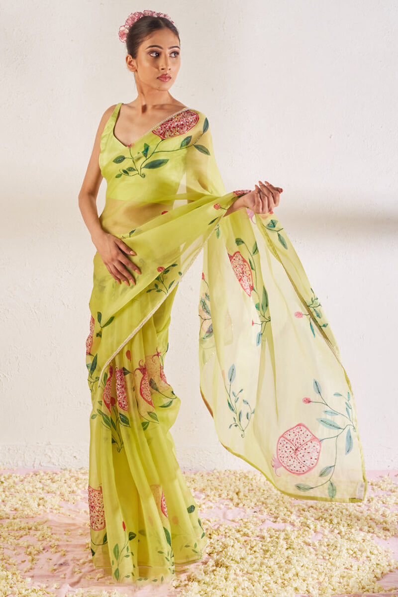 Excellent 1-Minute Ready To Wear Pista Organza Silk Saree