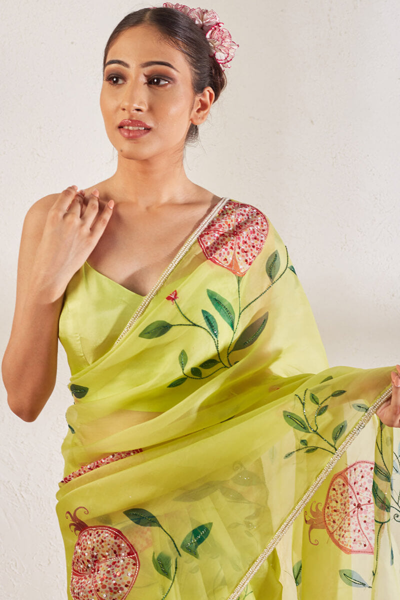 Excellent 1-Minute Ready To Wear Pista Organza Silk Saree