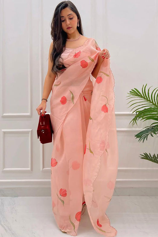 Charming 1-Minute Ready To Wear Peach Organza Silk Saree