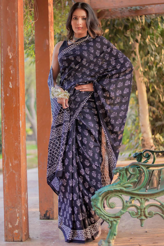 Blooming 1-Minute Ready To Wear Black Cotton Saree
