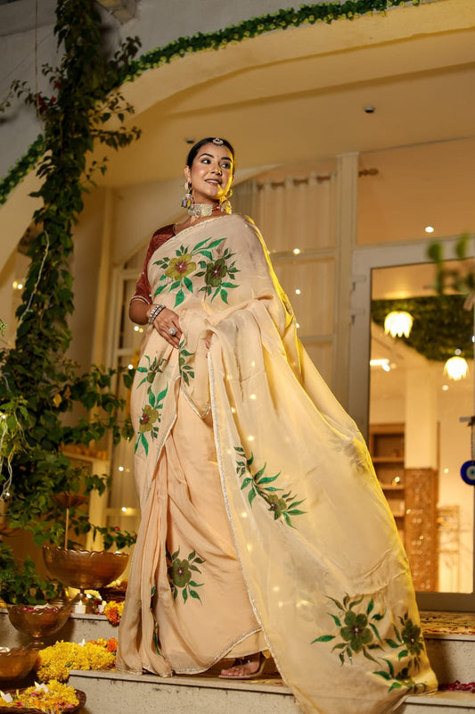 Ravishing 1-Minute Ready To Wear Beige Georgette Silk Saree