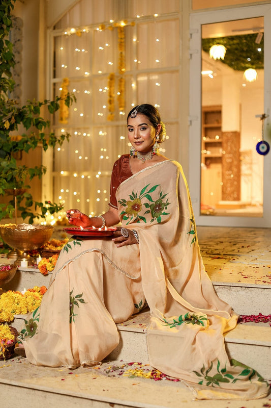 Ravishing 1-Minute Ready To Wear Beige Georgette Silk Saree