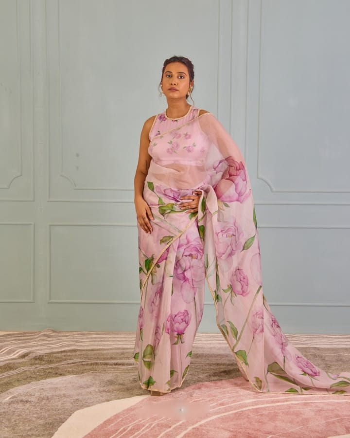 Glowing 1-Minute Ready To Wear Pink Organza Silk Saree
