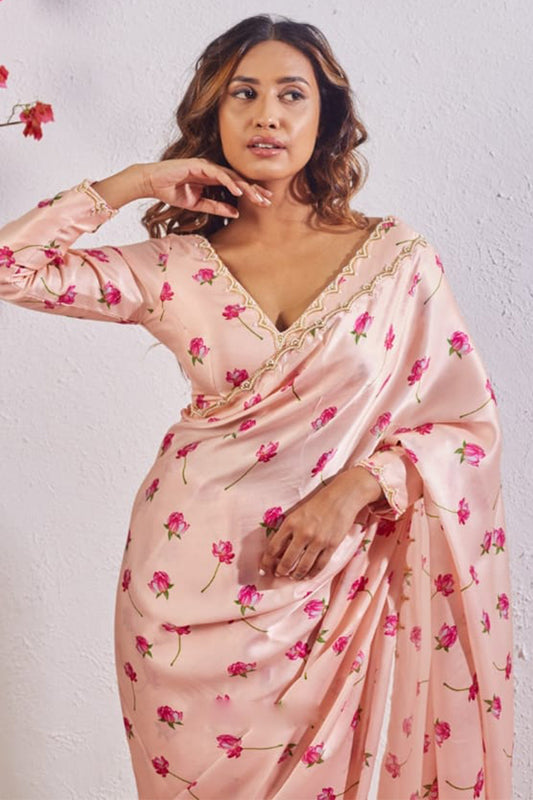 Admirable 1-Minute Ready To Wear Peach Satin Silk Saree
