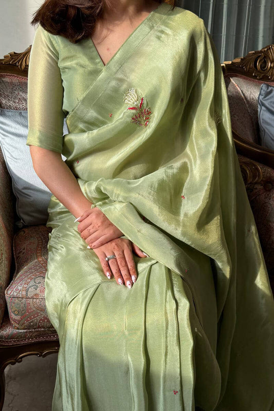 Flattering 1-Minute Ready To Wear Pista Malai Satin Silk Saree