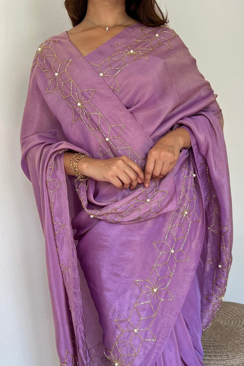 Imaginative 1-Minute Ready To Wear Lavender Malai Satin Silk Saree