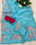 Exuberant 1-Minute Ready To Wear Firozi Organza Silk Saree
