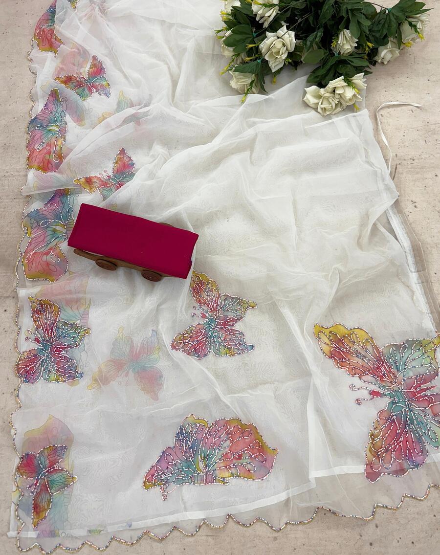 Posh 1-Minute Ready To Wear Off White Organza Silk Saree