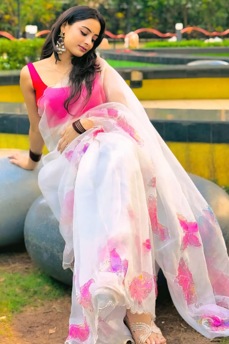Posh 1-Minute Ready To Wear Off White Organza Silk Saree