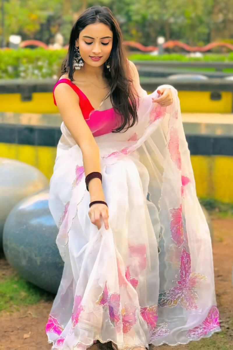 Posh 1-Minute Ready To Wear Off White Organza Silk Saree