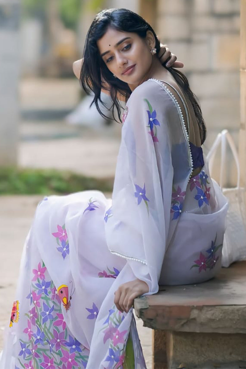 Impressive 1-Minute Ready To Wear Off White Organza Silk Saree