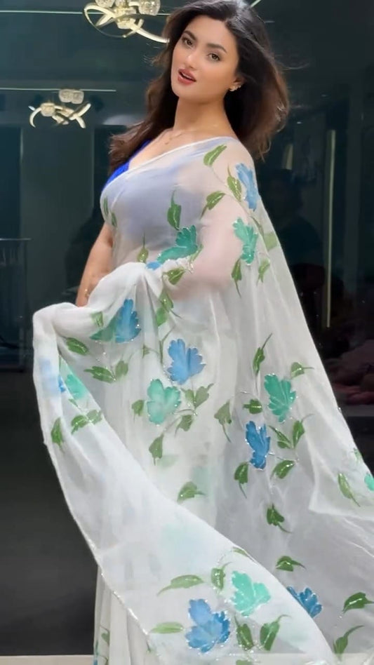 Incredible 1-Minute Ready To Wear Off White Georgette Saree