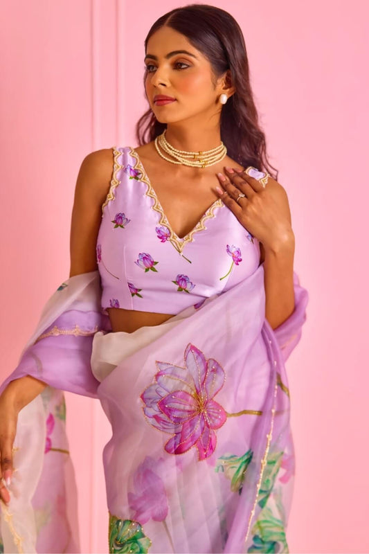 Classy 1-Minute Ready To Wear Lavender Organza Silk Saree