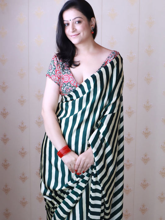Nectarous Green & White 1 Minute Ready To Wear Digital Printed Crape Silk Saree
