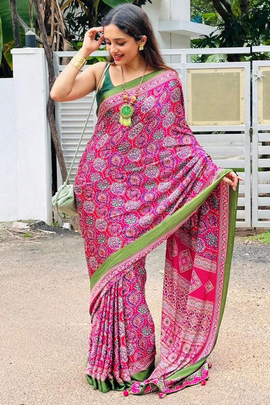 Energetic Dark Pink 1 Minute Ready To Wear Digital Printed Crape Silk Saree