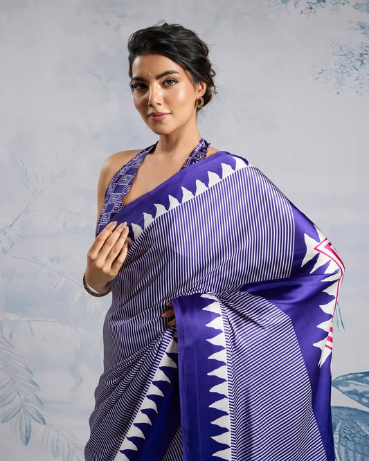 Mellifluous Royal Blue 1 Minute Ready To Wear Digital Printed Crape Silk Saree