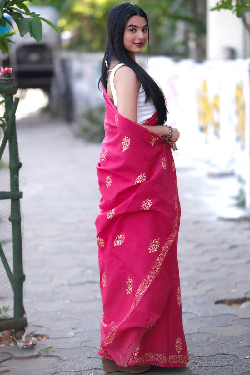Vivacious 1 Minute Ready To Wear Dark Pink Mul Cotton Digital Printed Saree With Pocket