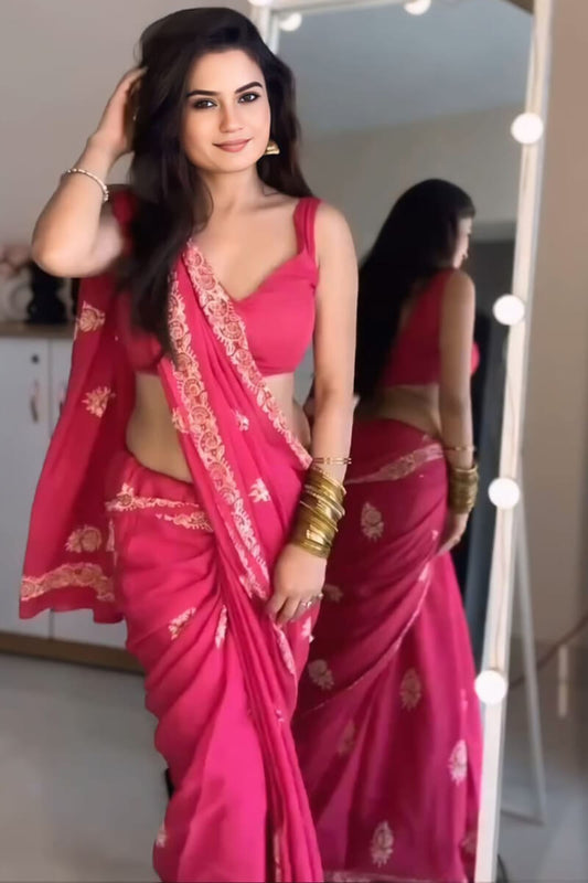 Vivacious 1 Minute Ready To Wear Dark Pink Mul Cotton Digital Printed Saree With Pocket