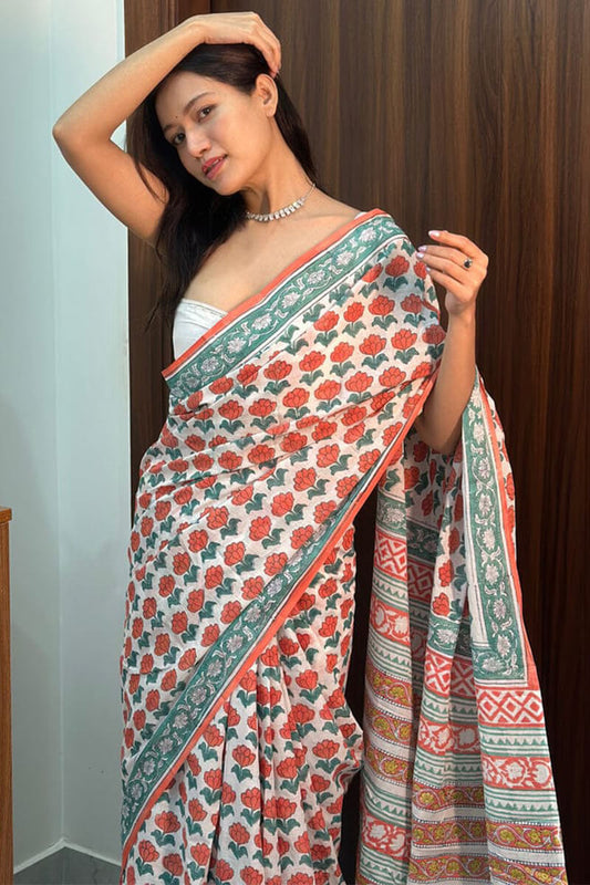 Propinquity 1 Minute Ready To Wear off White Mul Cotton Digital Printed Saree With Pocket
