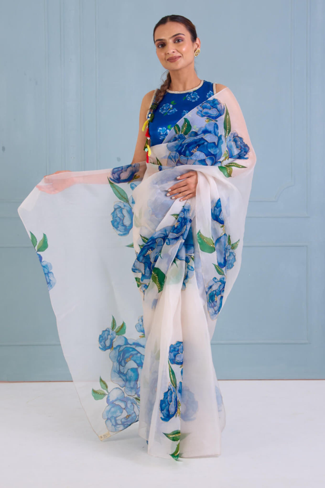 Luxuriant 1-Minute Ready To Wear Off White Organza Silk Saree