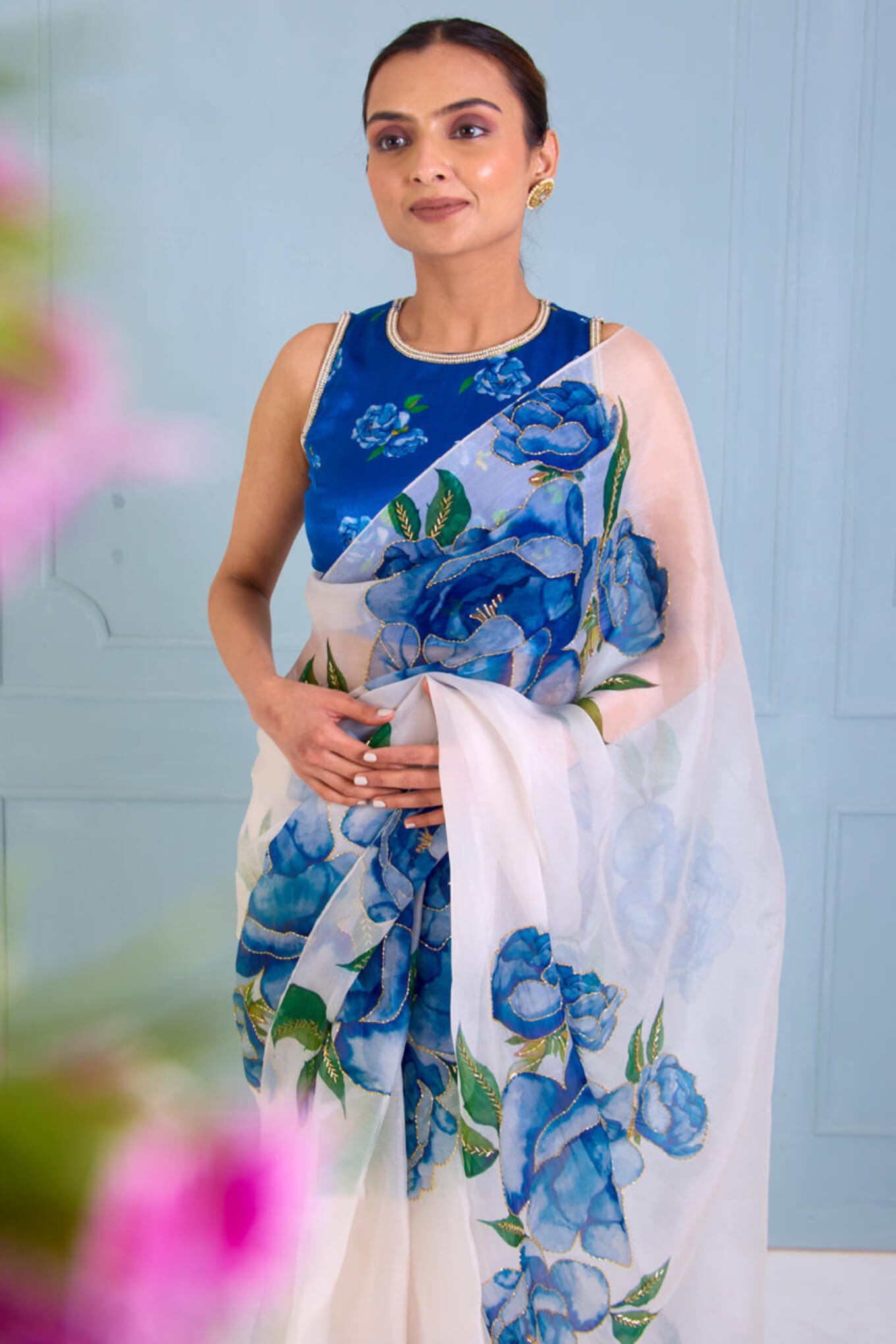 Luxuriant 1-Minute Ready To Wear Off White Organza Silk Saree