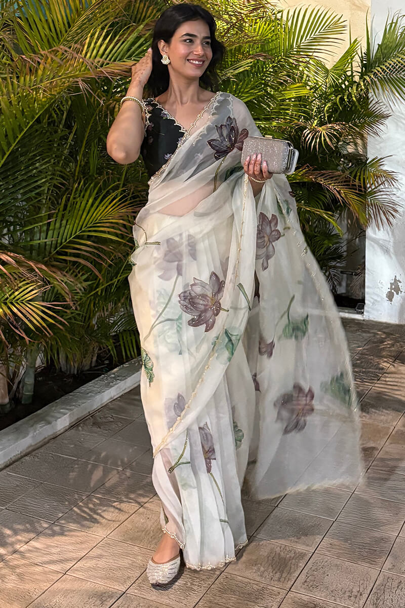 Tantalizing 1-Minute Ready To Wear Off White Organza Silk Saree