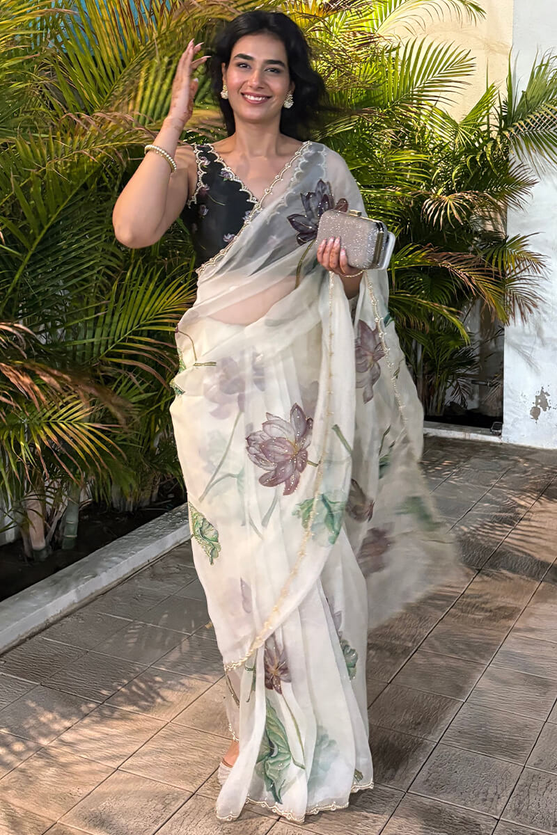 Tantalizing 1-Minute Ready To Wear Off White Organza Silk Saree