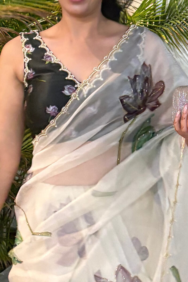 Tantalizing 1-Minute Ready To Wear Off White Organza Silk Saree