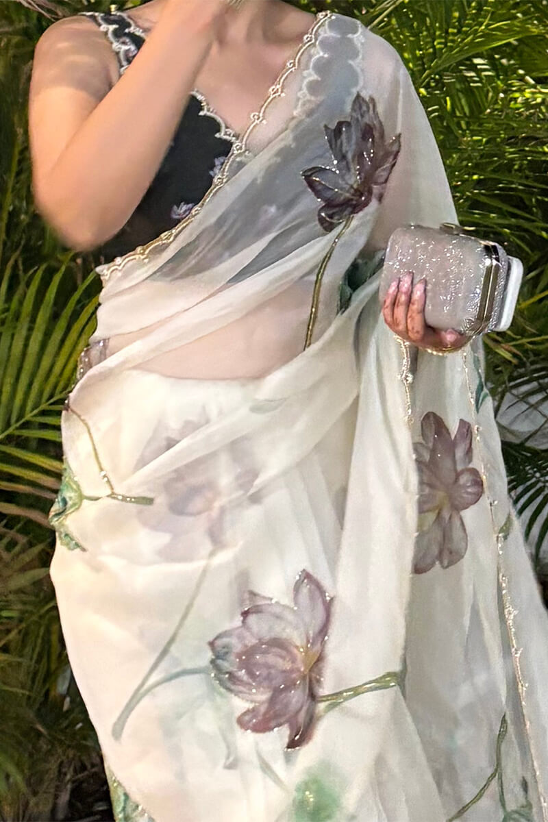 Tantalizing 1-Minute Ready To Wear Off White Organza Silk Saree