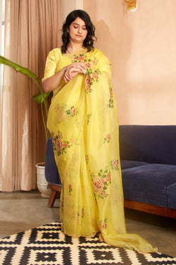 Redolent 1-Minute Ready To Wear Yellow Organza Silk Saree
