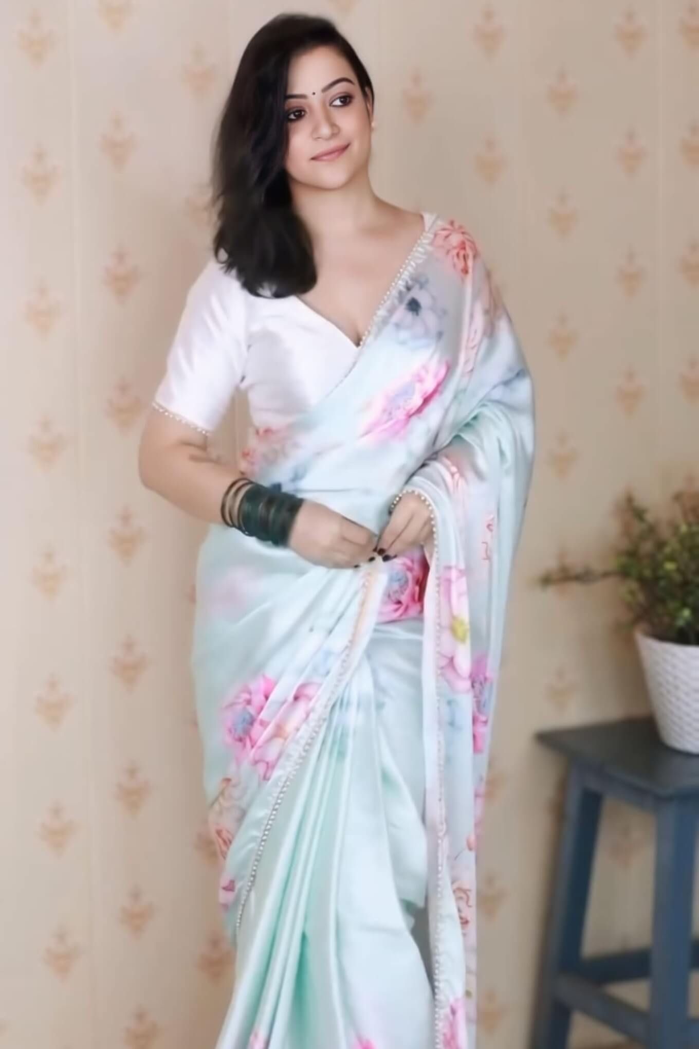 Surreptitious 1-Minute Ready To Wear Sky Printed Satin Silk Saree