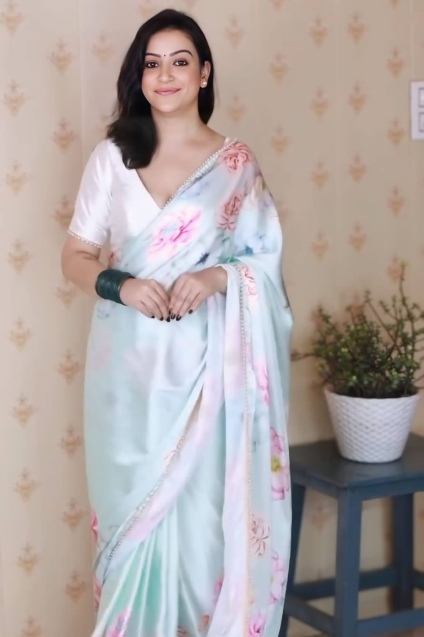 Surreptitious 1-Minute Ready To Wear Sky Printed Satin Silk Saree