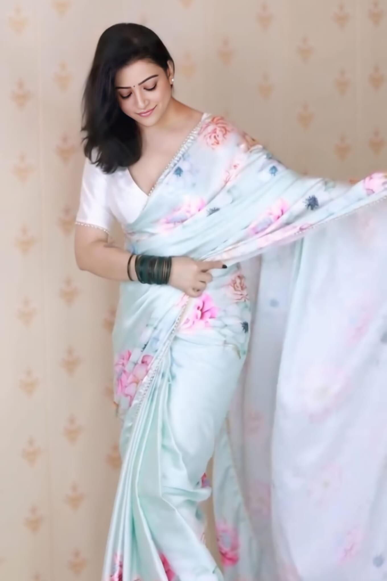 Surreptitious 1-Minute Ready To Wear Sky Printed Satin Silk Saree
