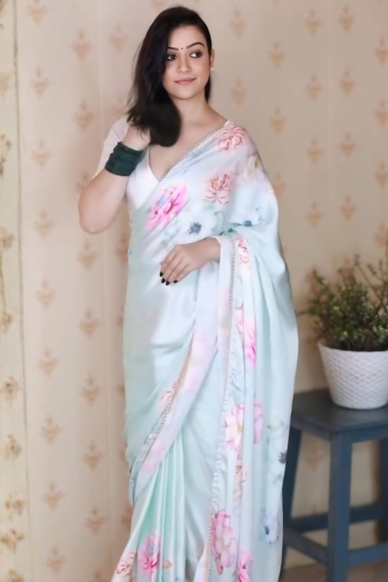 Surreptitious 1-Minute Ready To Wear Sky Printed Satin Silk Saree