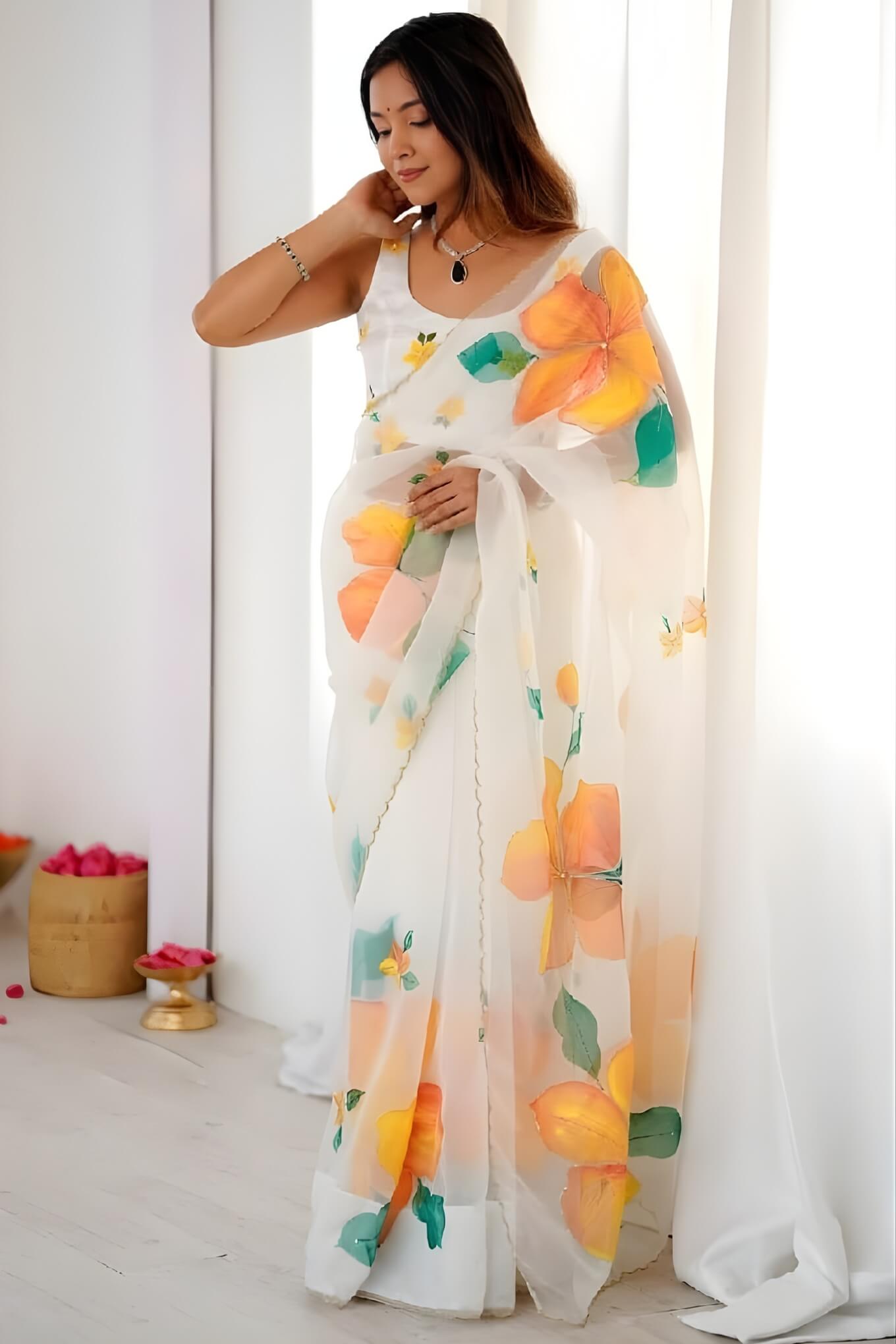 Whimsical 1-Minute Ready To Wear Off White Organza Silk Saree