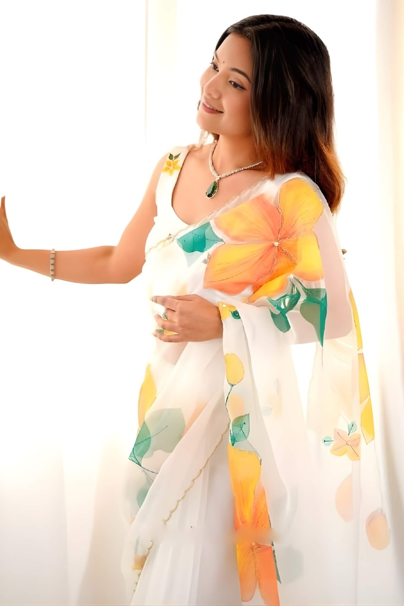 Whimsical 1-Minute Ready To Wear Off White Organza Silk Saree