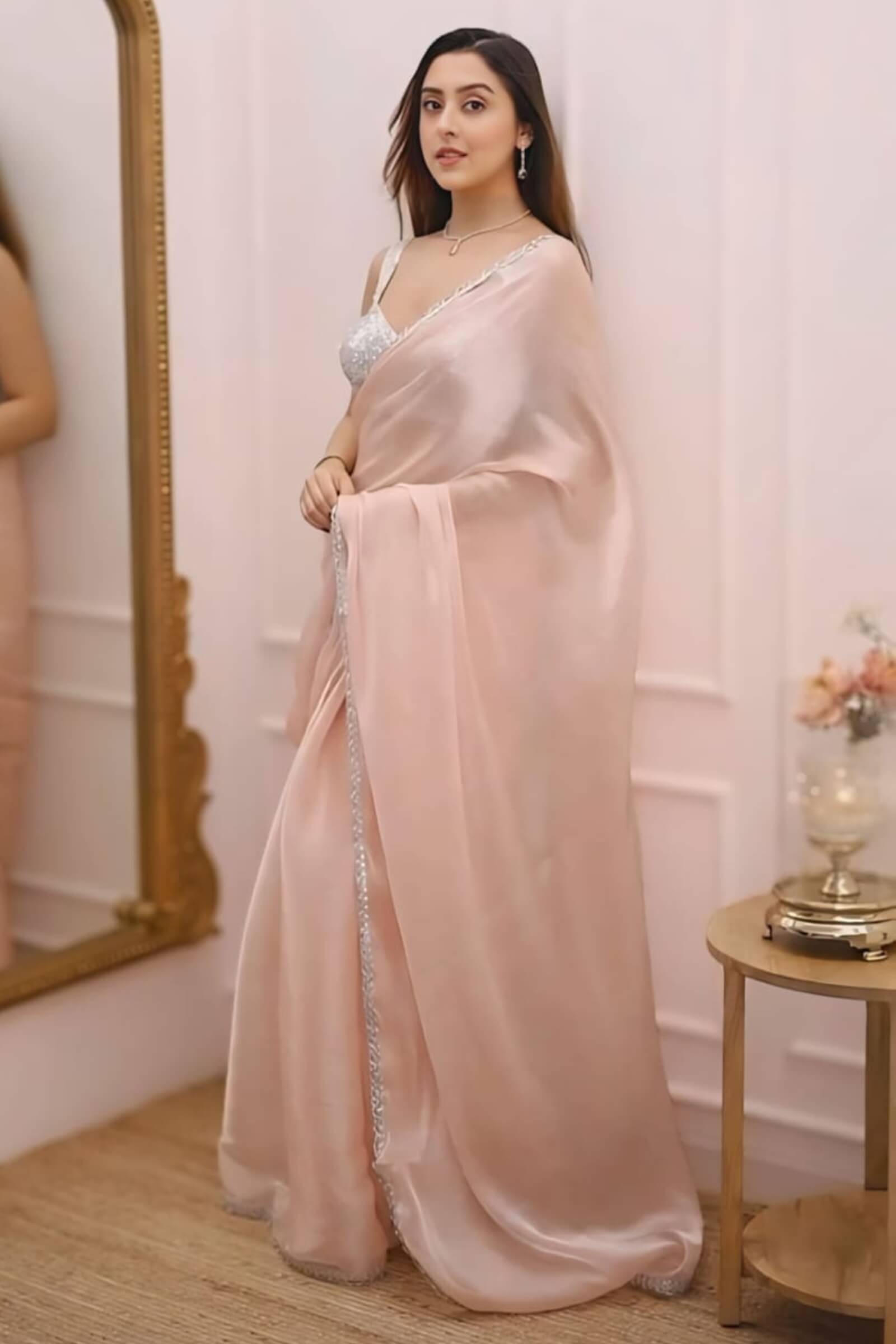Improbable 1-Minute Ready To Wear Peach Jimmy Choo Silk Saree