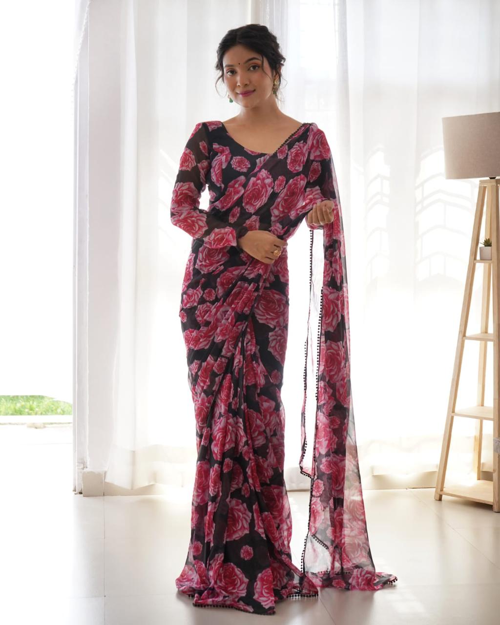 Marvellous 1-Minute Ready To Wear Black Georgette Saree - thelotusfab