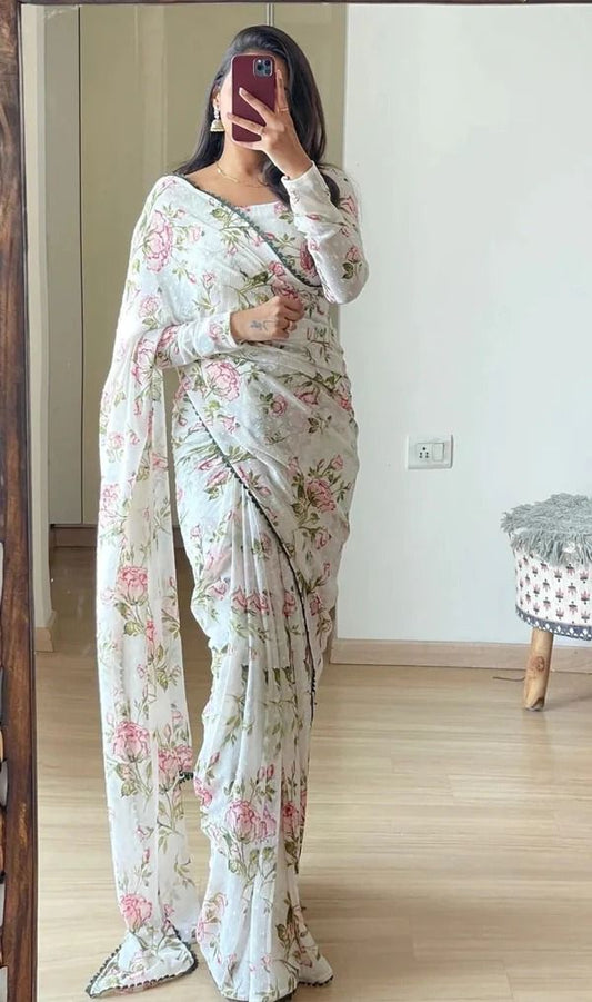 Energetic 1-Minute Ready To Wear White Georgette Saree - thelotusfab
