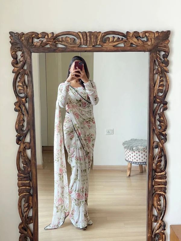 Energetic 1-Minute Ready To Wear White Georgette Saree - thelotusfab